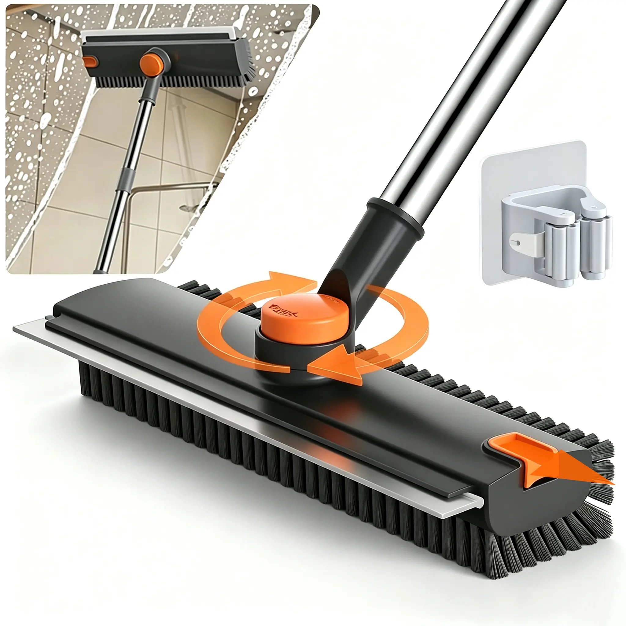 Durable 3-in-1 Rotatable Floor Scrub Brush with Long Adjustable Stainless Steel Handle - 360° Bristle Brush, Smooth Silicone Squeegee Broom for Tile,，swimming pool， Concrete - Home Supplies, House Cleaning Tools，bathroom scrub