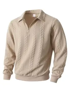 Men's Spring Autumn Cable Knit Quarter-Zip Sweater - Retro Polo Style with Textured Design, Half-Zip Collar for Casual & Smart-Casual Looks, Soft Fabric Ideal for Layering, Trending Men's Fashion Essential,