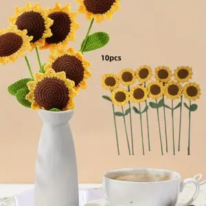 10pcs Handmade Crochet Sunflower Bouquet – Vibrant Yellow & Brown Spiral Design, Allergy-Friendly Artificial Flowers, for Home, Wedding, Party, and Office Decor, Perfect Mother’s Day Gift