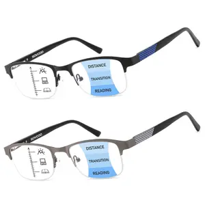 2 Pack Men's Progressive Multifocal Reading Glasses,Half Rim Metal Frame Blue Light Blocking Anti Eyestrain Multifocus Computer Readers