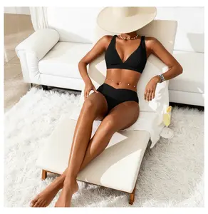 Black Ribbed Bikini Set for Women - V Neck Triangle Top High Waist Two Piece Swimsuit Tummy Control Bathing Suit for Beach Pool Vacation