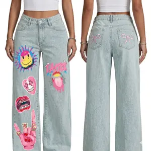 Women's High-Waist Wide-Leg Denim Jeans!High-Rise Medium-Stretch Printed Style-SemiBaggy Jeans Fit, Bedazzled Jeans Sparkle &Still Cool Jeans Vibe! Print has '1AS / 'motif +extra-light blue wash, matches Baggy JeansOutfit. baggy jeans.