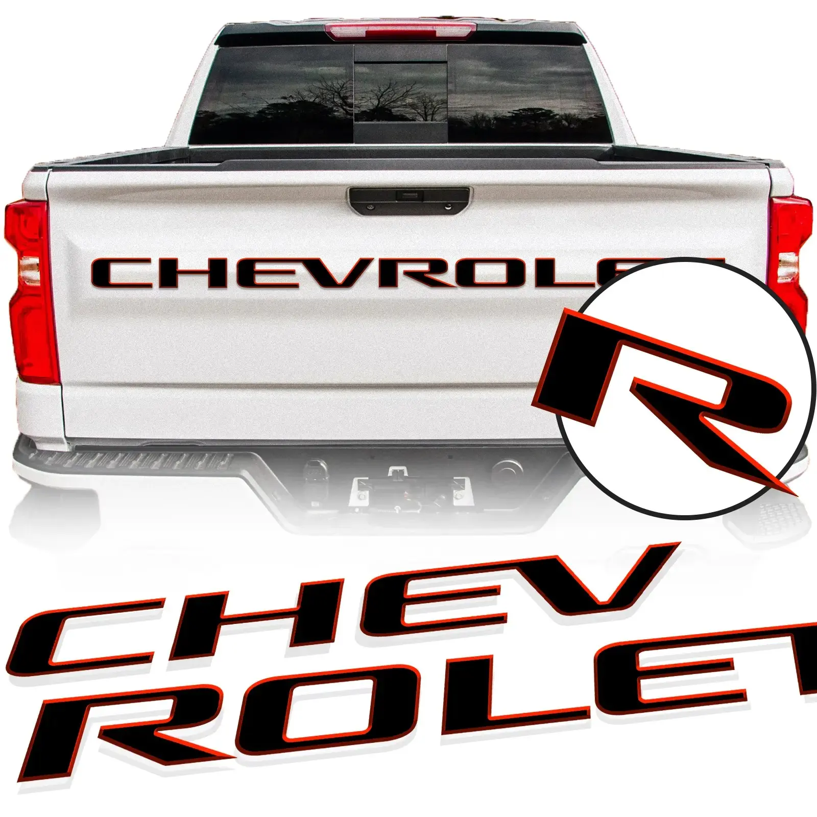 Chevrolet Silverado 1500 2019-2026 Rear Door Letter Decals, 3D Raised CHEVROLET Badge, Red Truck Exterior Upgrade