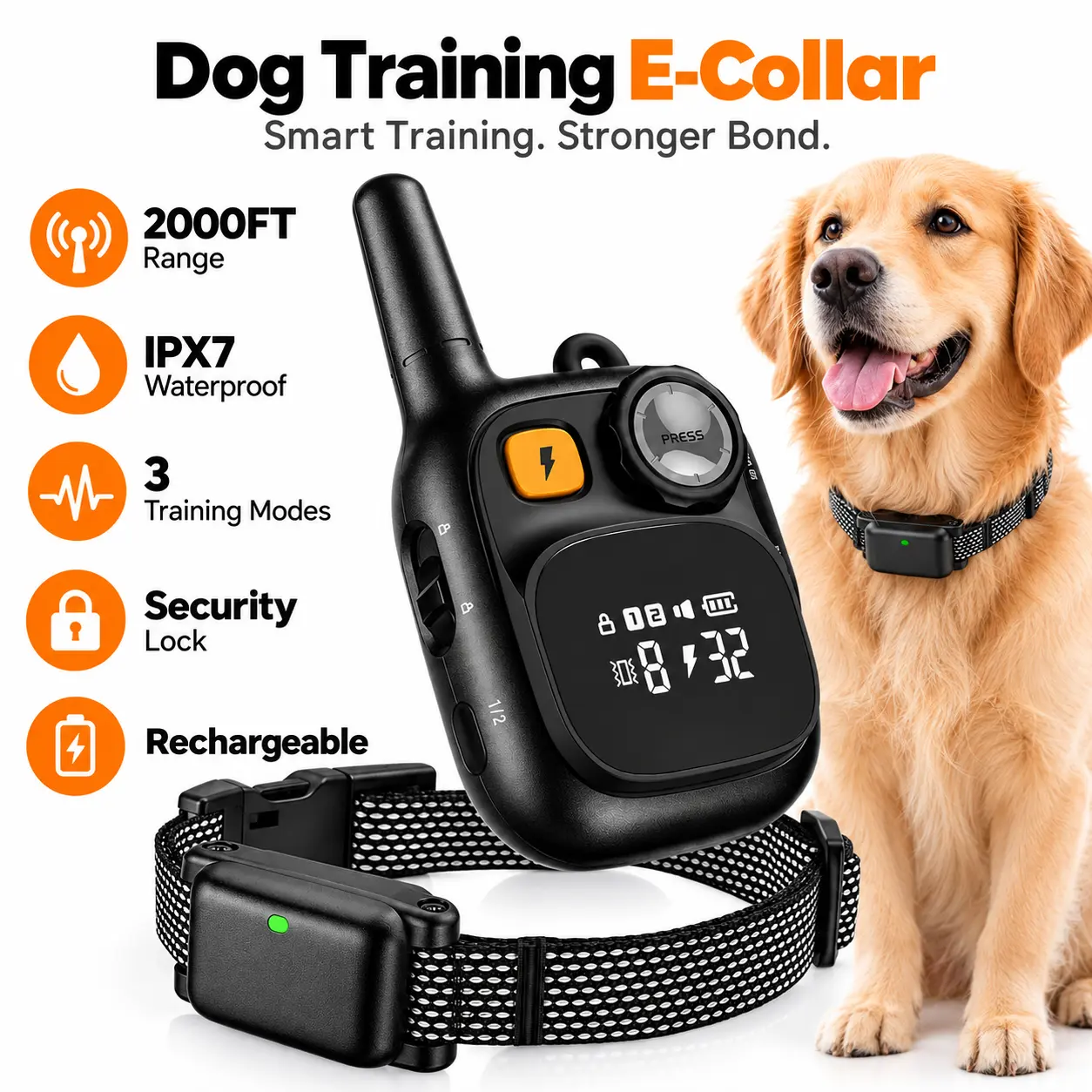 Remote Dog Training Collar, 2000FT Range, IPX7 Waterproof, 3 Training Modes, Security Lock, Rechargeable Adjustable E-Collar for Dogs
