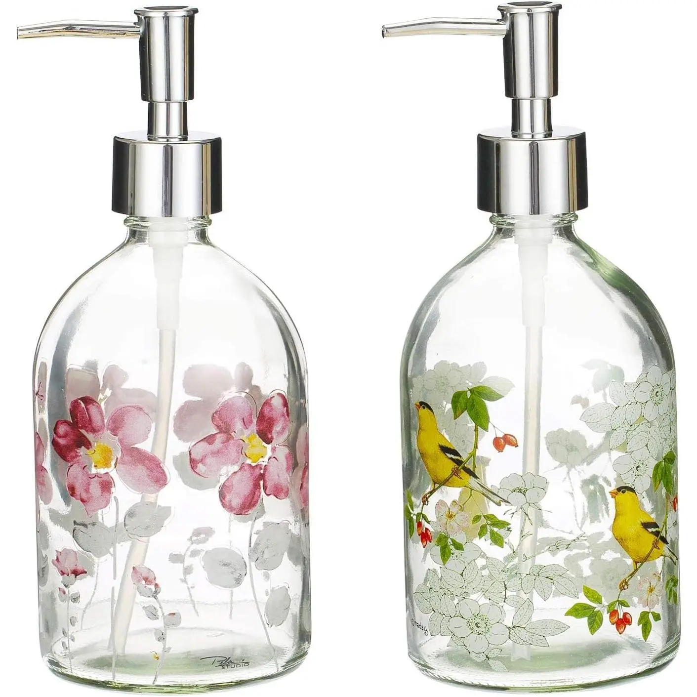 17oz Flower Glass Soap Dispenser Bottle with Plastic Pump,Set of 2
