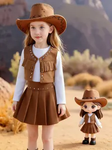 Girls' Western Cowboy Style Set, Long Sleeve T-Shirt with Fringe Rivet Jacket + Rivet Pleated Skirt, Casual Party