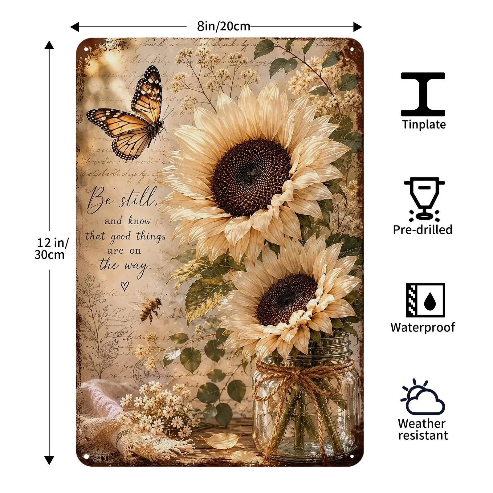 Vintage Sunflower Metal Tin Sign, Rustic Farmhouse Floral Wall Decor with Butterfly and Inspirational Quote, Waterproof Tinplate Wall Art for Living Room, Kitchen, Bedroom, Office, Country Home Decor, 8x12 Inch