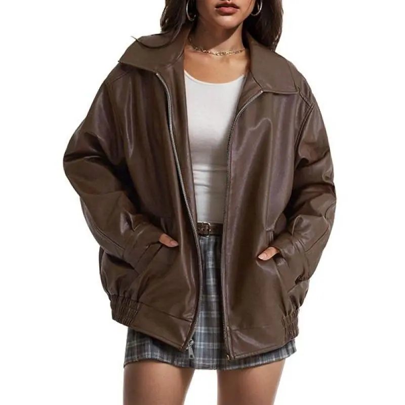 Women's Oversized Leather & Faux Suede Motorcycle Jacket - Long Sleeve Outerwear, 2024 Fall Winter Fashion Outfits, Outdoor Casual Womenswear Top, Leather & Faux Leather