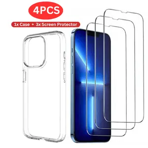 4-Pack including 1x Clear Phone Case and 3x Screen Protectors for iPhone 16, 15, 14, 13 12, 11, Pro, Plus, Pro Max, Mini, X, XS, XS Mas, 7, 8 and more, Clear cover, Tempered Glass Screen Protector