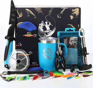 Patelai Fishing Gift Baskets Set for Men Dad Fishermen, 12 Oz Insulated Tumbler, Fillet Knife, Fishing Pliers, Lanyard, Tackle Box, Fish Lip Gripper, Fish Lures, Socks, Line(Blue,Style 1)