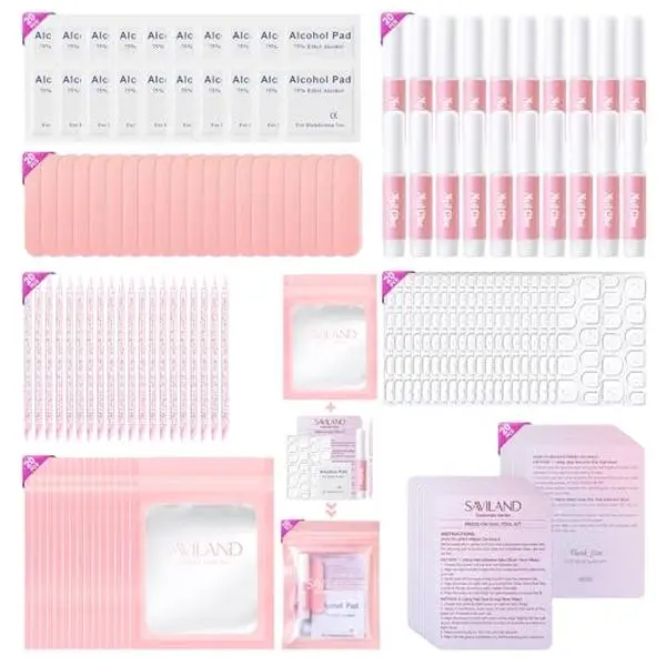 SAVILAND Press On Nail Packaging Kit with Glue and Prep Supplies, 20 Sets | Includes 2 g glue packs, adhesive tabs, prep pads, mini files, acrylic sticks, instruction cards and pink storage bags