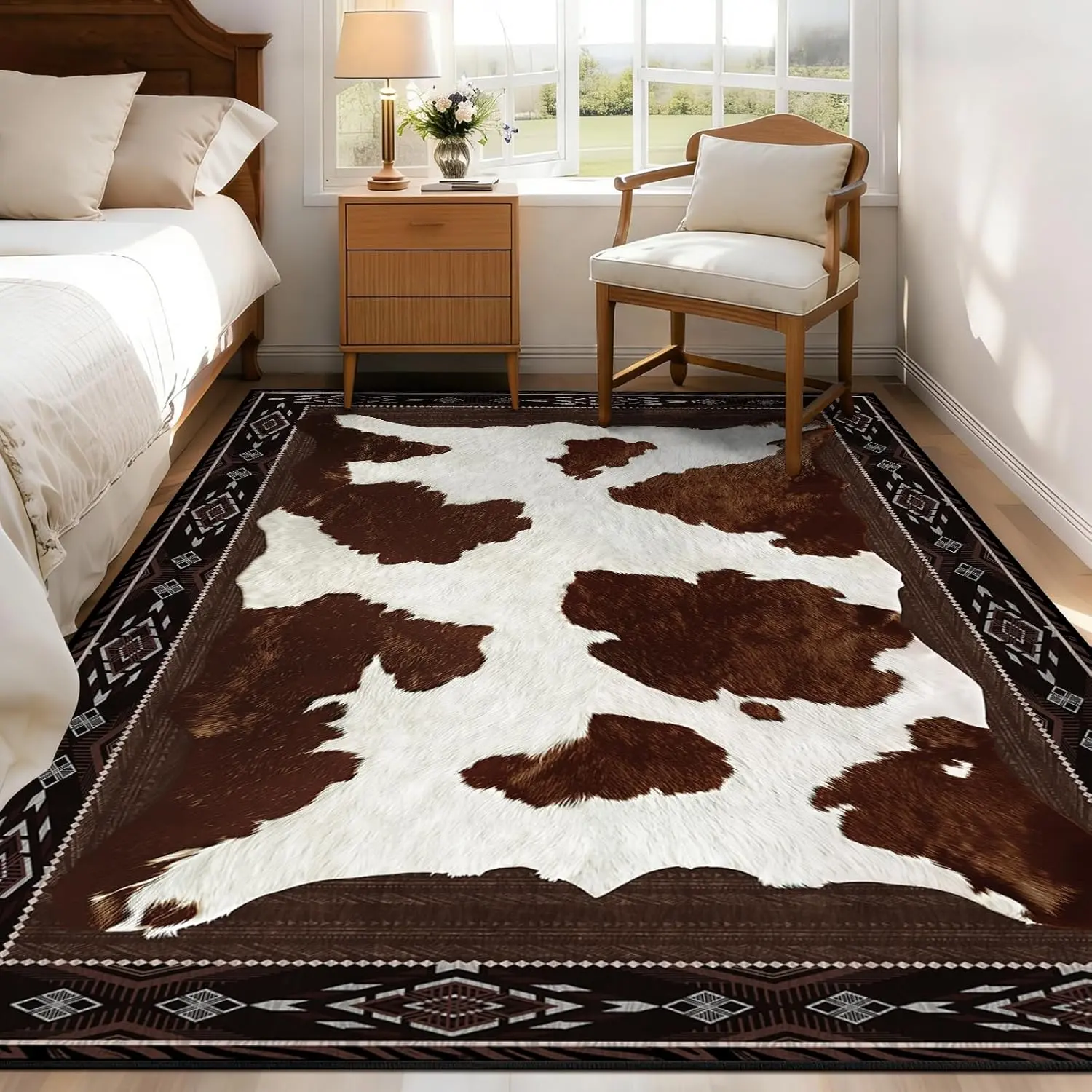 Cowhide Rugs for Living Room 4x6  Rug for Bedroom Washable, Soft Faux  Print Rug Low Pile Non Slip, Western Rustic Rugs for Dining Room   Office, Brown and White
