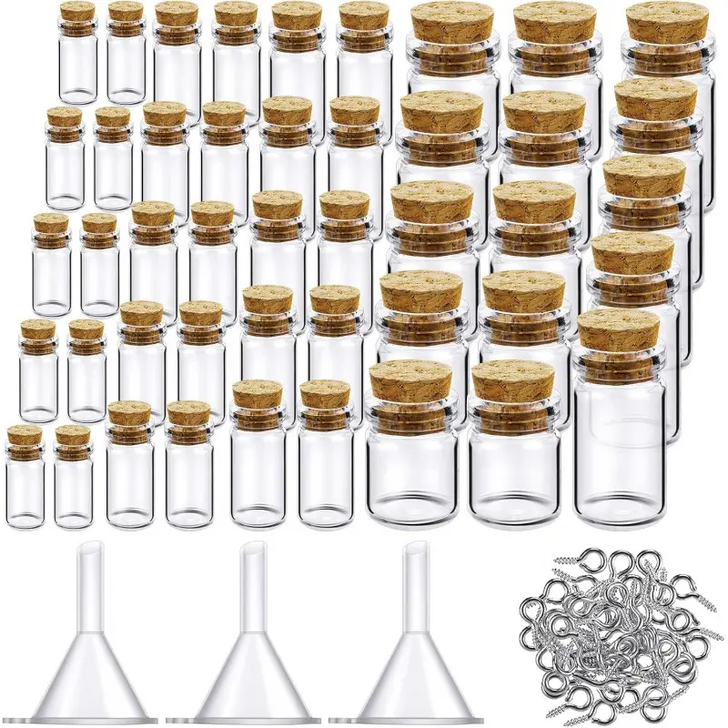 45 Pcs Transparent Small Mini Glass Storage Bottles & Jars with Cork Stoppers, Tiny Spell Jars, 50 Eye Screws & 3 Funnels for DIY Art Craft, Wedding Decoration, Perfume (0.5ml, 1ml, 3ml, 5ml, 10ml)