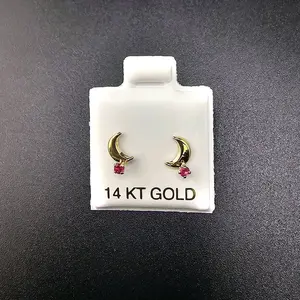 14K Gold Crescent Moon Earrings with Pink Gemstone Studs for Women