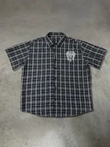 Men's Winged Cross Emblem Plaid Checked Collared Shirt | Gothic Graphic | Grunge Streetwear | Casual Button-Down | Ideal for Edgy Urban & Faith Style Enthusiasts | Menswear