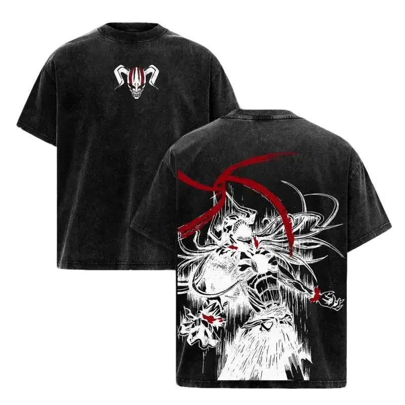 Ichigo Kurosaki Bleach Vintage Oversized Heavy Cotton Menswear Tshirt, Short Sleeve Casual Street Wear Double-Printed Retro Unisex Soul Reaper Bankai Graphic Top, Washed Anime Manga Merch