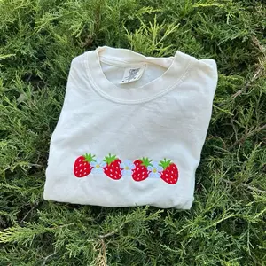 Embroidered Strawberry Daisy T-Shirt Comfort Colors Floral Gift Spring Strawberries Summer Top