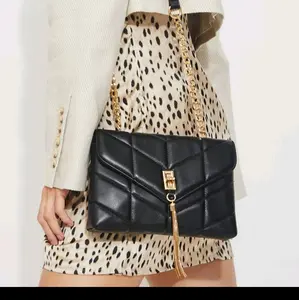 Women's Black Aster Tassel Quilted Crossbody Handbag Black PU Leather