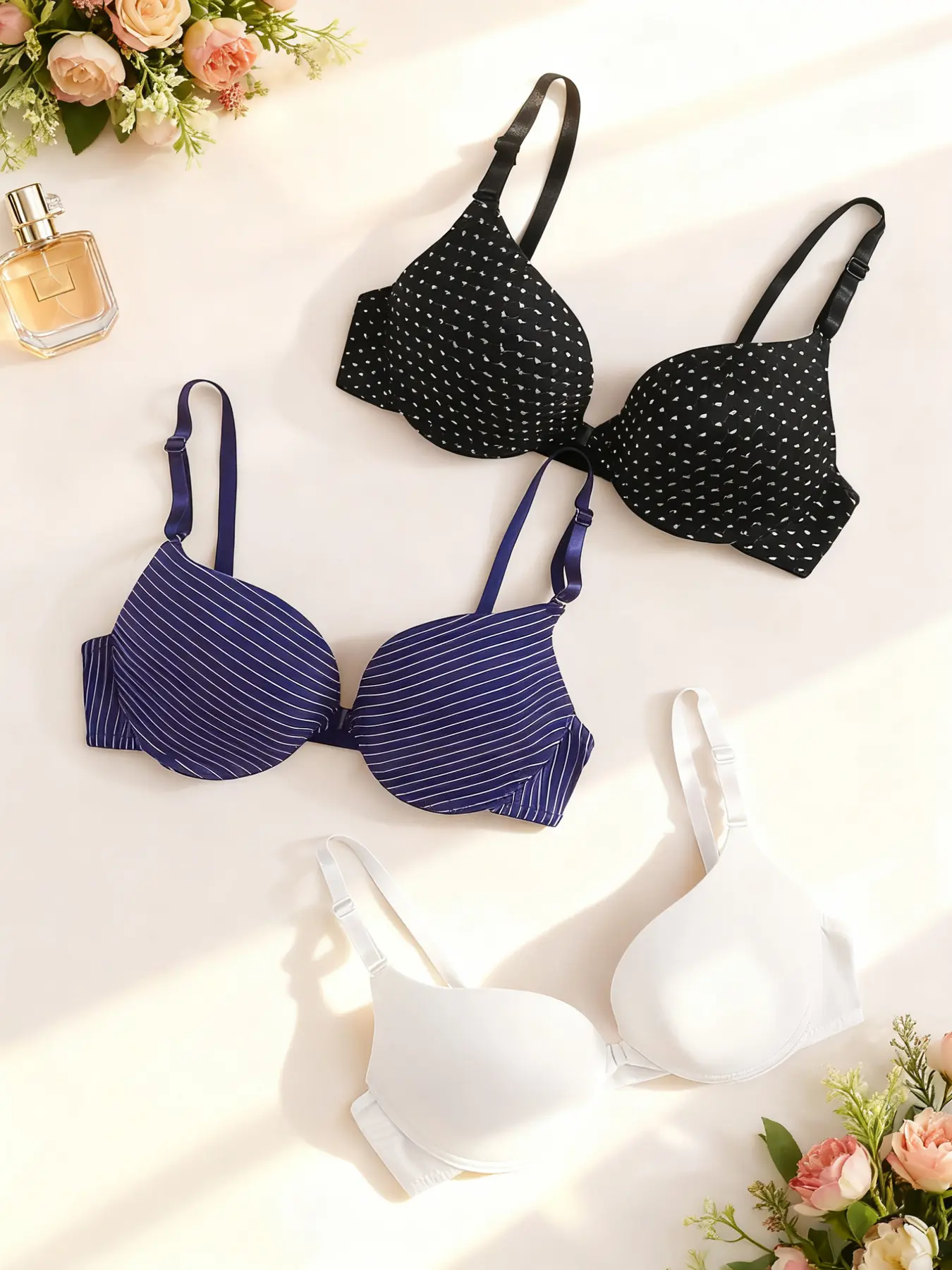 Women's Comfortable Pure Color Steel Ring Strappy Intimate Bra Set, Smooth Surface Design, Ideal for Daily Wear, Pack of 3