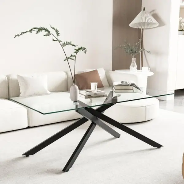 47.2" Modern Large-Format Glass-Clear Pedestal Coffee Table, Floor-Friendly Metallic Base, No Wobble, Quick Clean for Lounge & Living Room Indoor Furniture, Floor-Friendly Pedestal Tables, Glass-Clear Pedestal Tables