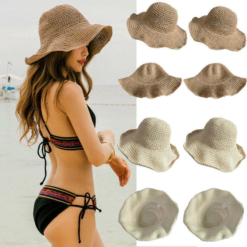 Women Summer Sun Hats Casual Solid Color Straw Hat Wide Brim Beach Hat Foldable Beach Travel Cap