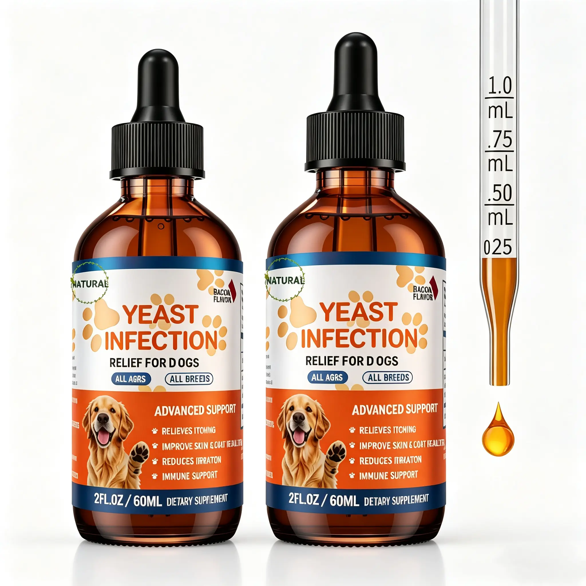 2PCS Dog Ear & Skin Relief Drops, Yeast Infection Treatment for Dogs – Bacon Flavor 60ml | Soothes Itching, Supports Healthy Ears & Skin, Allergy Relief for Puppies & Dogs