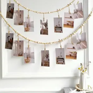 2PCS Hanging Photo Display Wall Decor Boho Wooden Bead Garland Picture Hanging String with Clips for Dorm Bedroom Living Room Office Cubicle Decor Art Display Hangers for Artwork