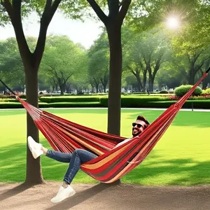 Double courtyard outdoor hammock, made of enlarged and thickened coarse cotton canvas material, equipped with two thick binding ropes, suitable for outdoor courtyards, play, camping gatherings, and team building