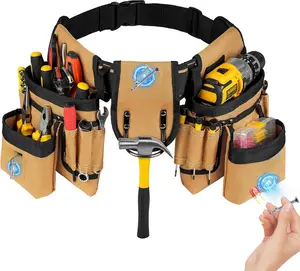 Tool Belt, Tool Pouch,27-Pockets Heavy Duty Padded Tool Belts for Men,Detachable & Adjustable Tool Pouch Bag for Electrician,Carpenter,Construction,Work Apron,Utility Belt,Black,Brown