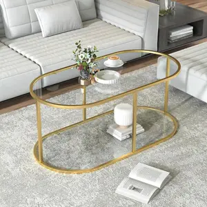 Black Glass Coffee Table for Living Room, 2-Tier Oval Center Table with Sturdy Metal Frame, Modern Tempered Glass Accent Table for Bedroom & Home Office