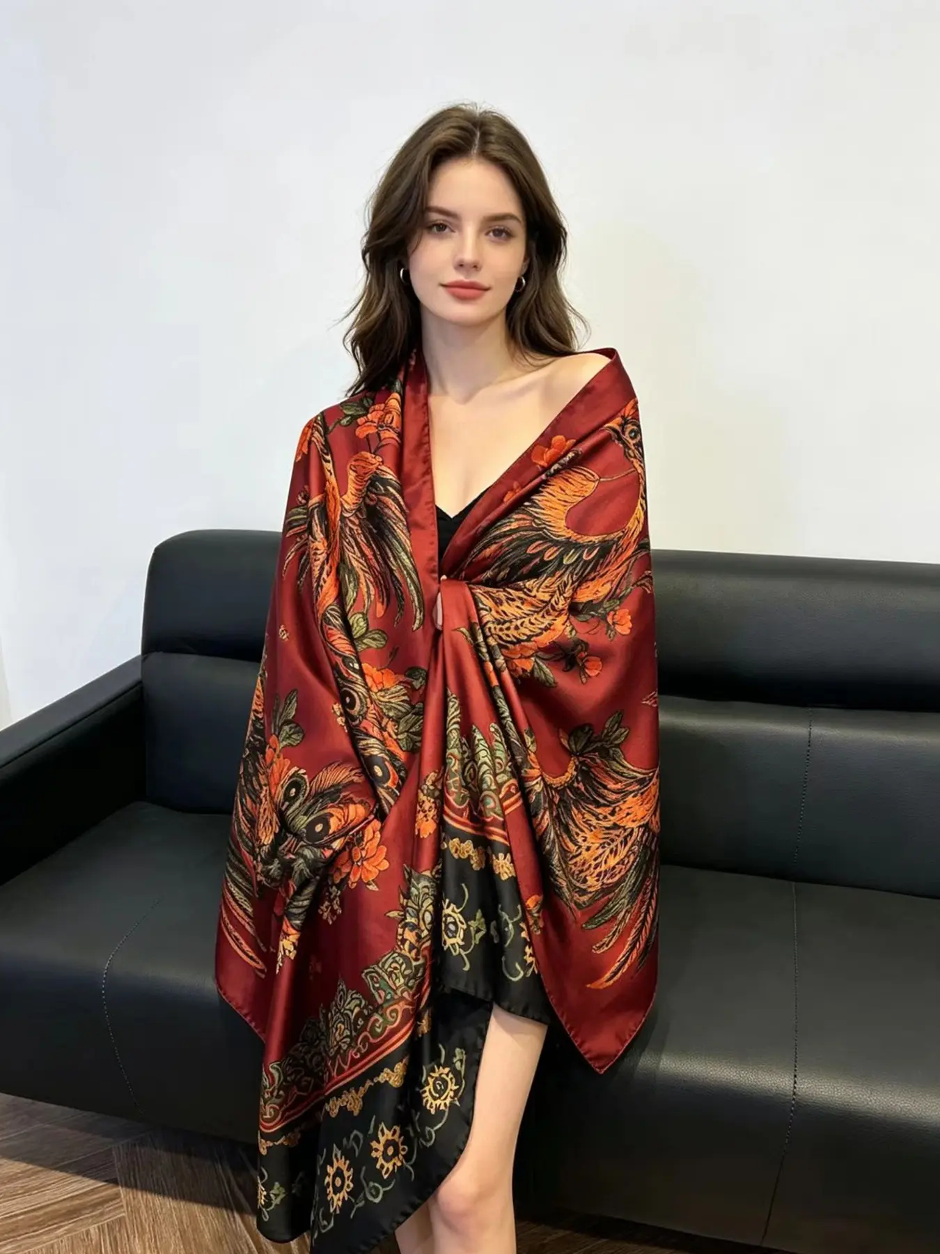 Summer New Silk Scarf, Elegant Floral Pattern, Loose-Fitting, All Seasons, UV Protection, Korean Style, Beach Towel, Versatile Shawl, Fashion Shawl
