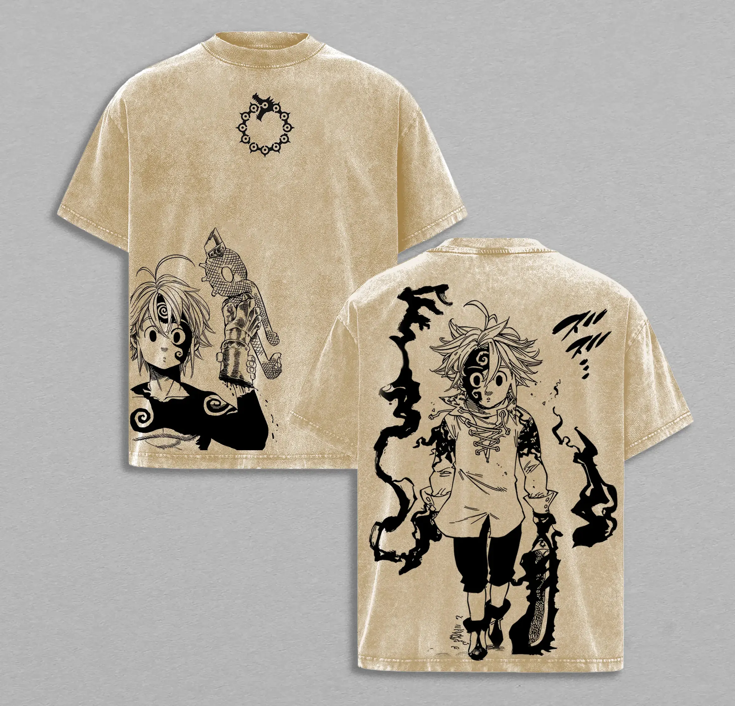 Men's Short-Sleeve 7 Deadly Sins Meliodas Demon Form T-Shirt - Heavy Cotton Double-Printed Graphic, Vintage Washed Oversized Casual, Dark Aura Retro Streetwear Top, Unisex Anime & Manga Fan Gift