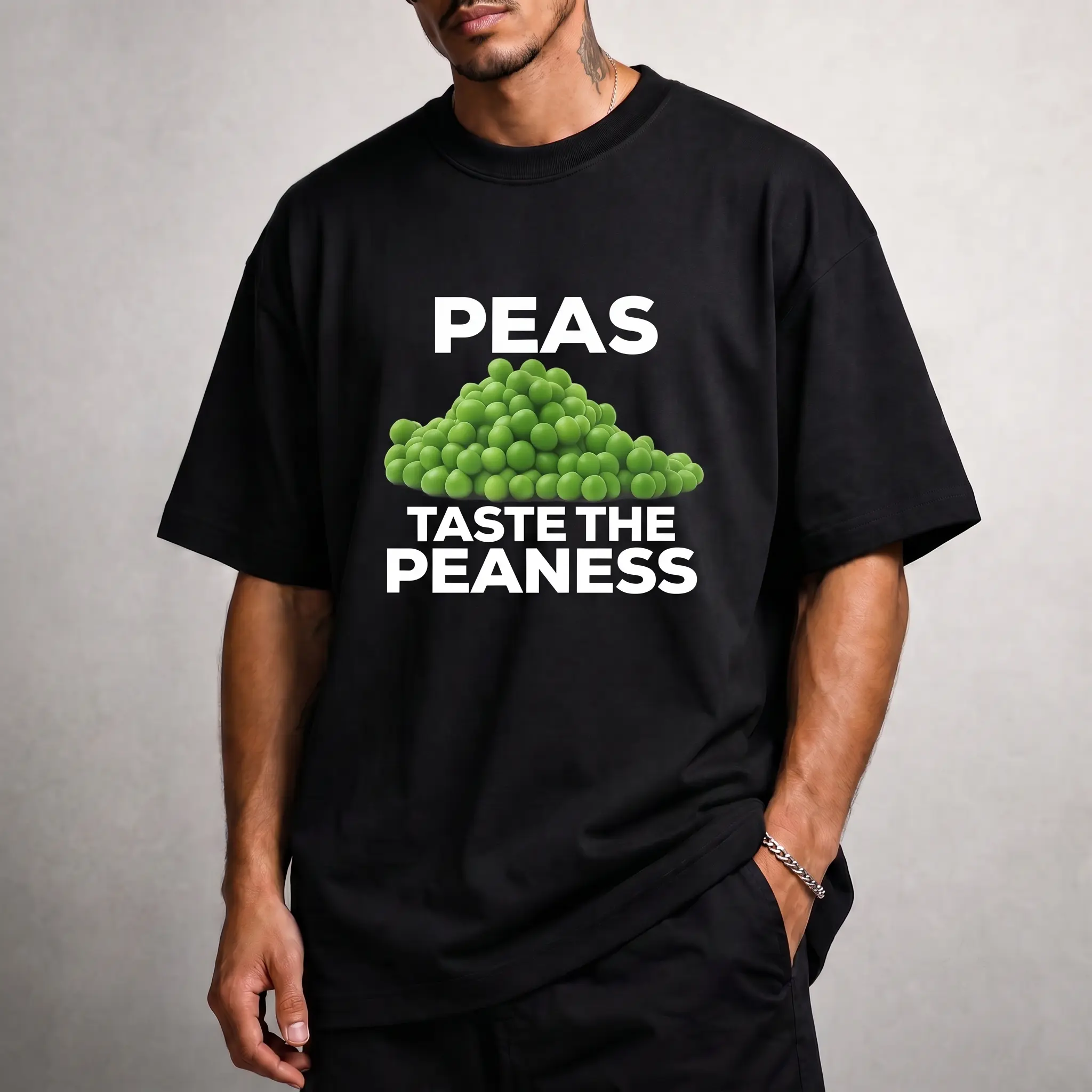 Unisex Graphic Sweatshirt with 'Peas Taste The Peanuts' Pun, Casual Classic Fit Cotton Crewneck Top, Fabric, Menswear, Soft, 100% Cotton, Crew Neck Tee