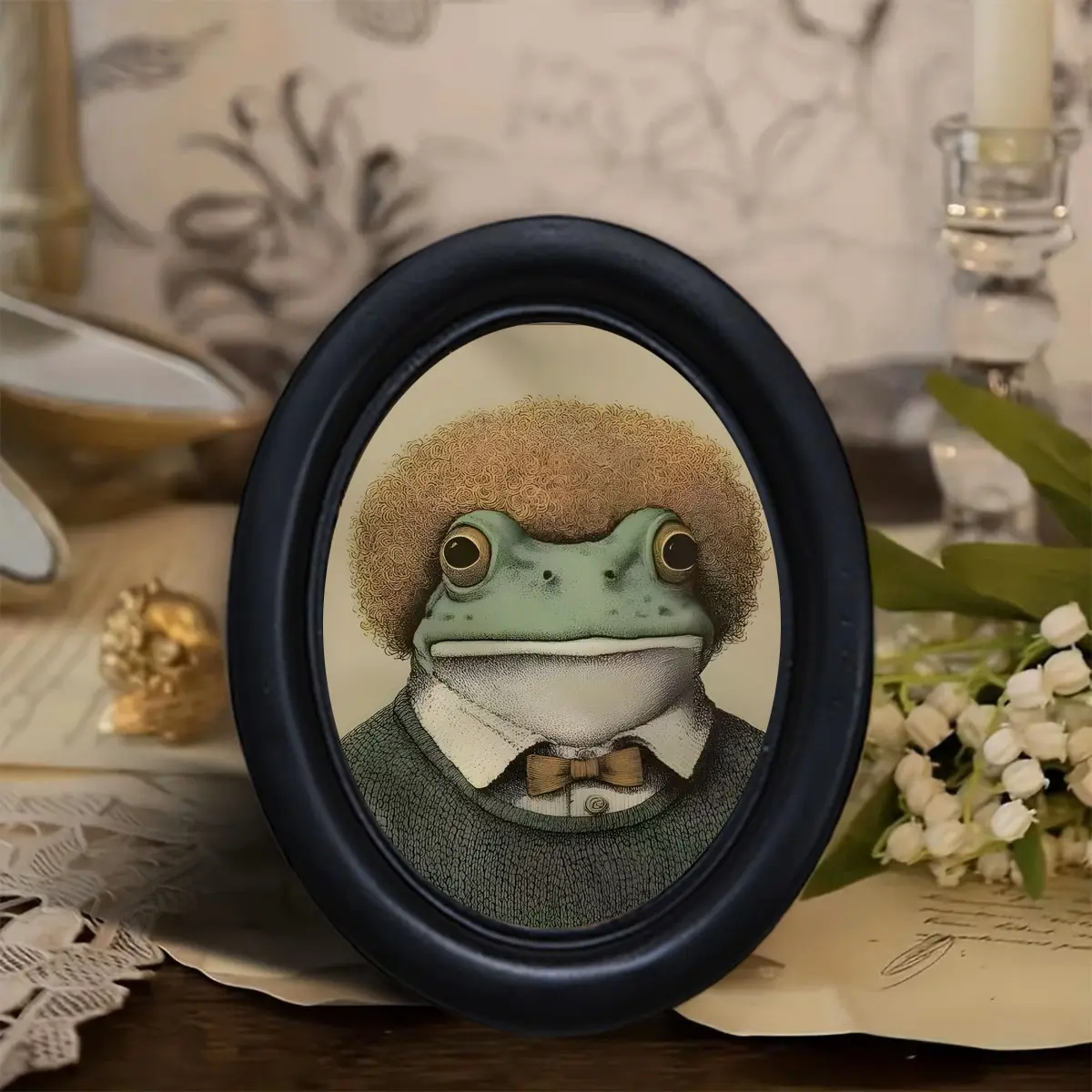 Vintage Explosive Hair Frog Wall Hanging, Oval Frame, Tie Necktie Frog Portrait, Retro Animal Decor, Living Room Bedroom, Frog Lover Gift, Home Wall Ornament