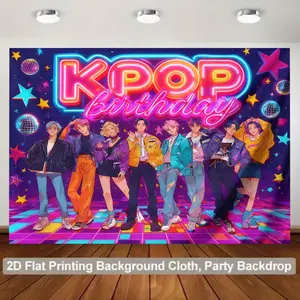 K-Pop Birthday Theme Background Cloth, Neon Spice Boy Group Hanging Banner, Korean Pop Star Party Backdrop, Girl Birthday Banquet, Cosplay Photo Wall