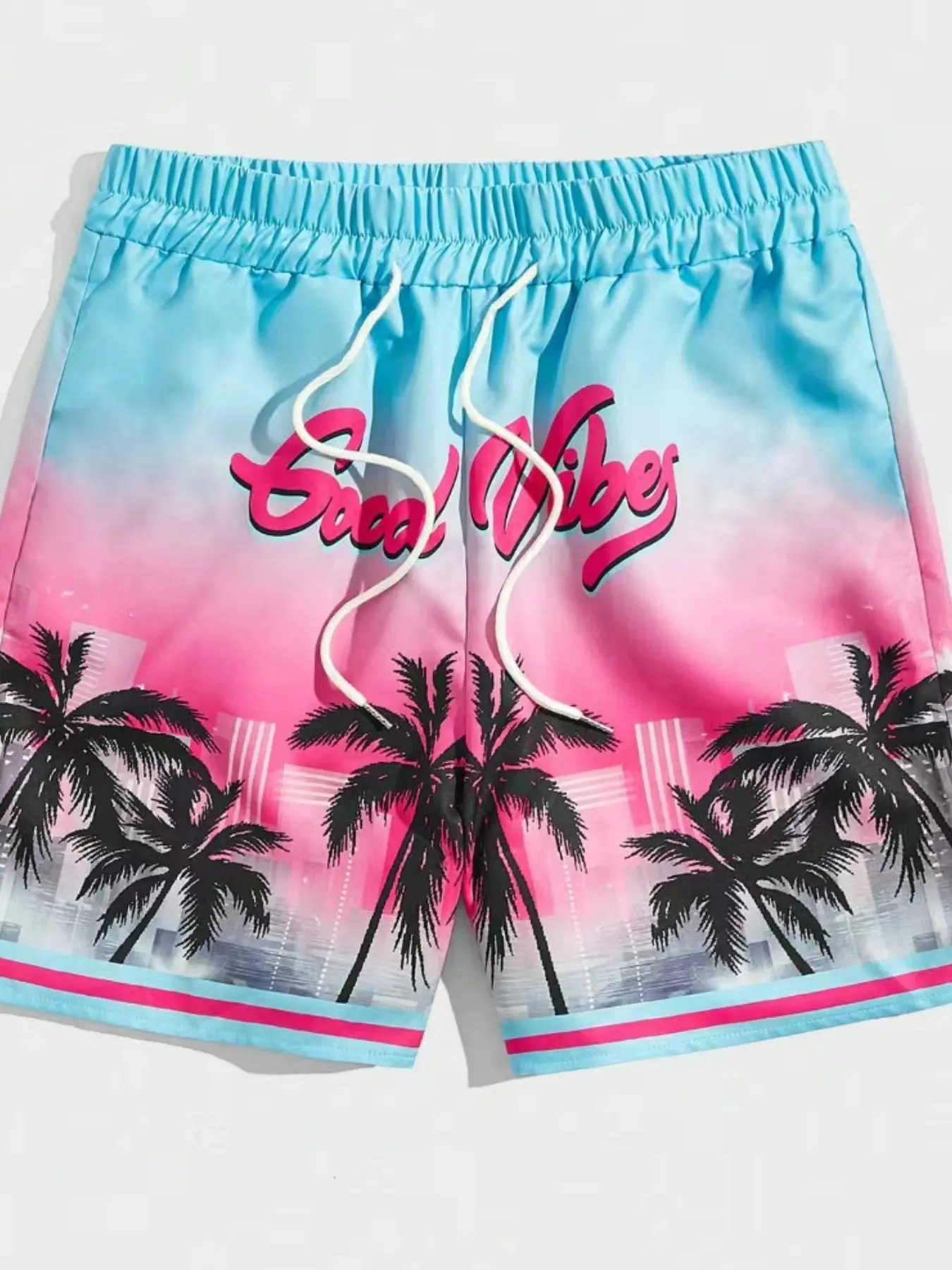 Men's casual baggy spring summer beach vacation Tropical Print pattern men's coconut tree and letter pattern drawstring waist shorts