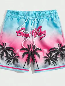 Men's casual spring summer tropical beach vacation pattern men's coconut tree and letter pattern drawstring waist shorts
