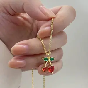 Set Cherry Pendant Necklace and Earring 14k Gold Plated