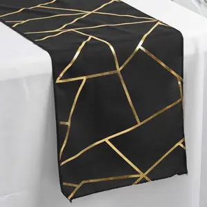 Polyester Table Runner 9ft Black with Gold Foil Geometric Pattern
