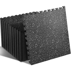 Interlocking High-Density EVA Foam Home Gym Flooring Tiles, 24 Pcs (96 Sq Ft), 0.4" Thick with Rubber Top, Black/Grey Indoor Protective Fitness Mats for Home Gym, Indoor Use