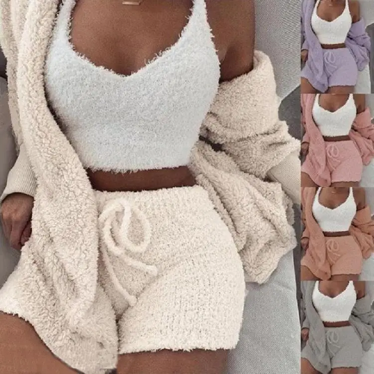 Women's Fuzzy Fleece Pajama Set, 3 Piece Cardigan Cami Shorts Loungewear