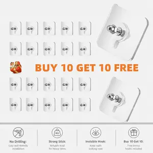 Buy 10 Get 10 Free Adhesive Wall Hooks - Nail-Free Heavy Duty Hooks for Kitchen Bathroom Bedroom - 20 Pack