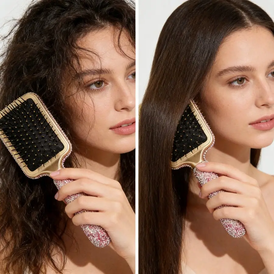"Luxury Gem-Encrusted Cushion Hair Brush - Long Handle Head Massage Comb, Women’s Hair Care & Styling Tool, Portable Travel Essential "