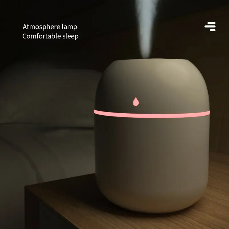 Desktop decoration with colorful lights, water drop humidifier for office and home use, USB-powered, large spray, silent, mini, cute, air purifier and humidifier