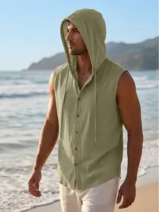 Men's 2-Piece Plain Linen Outfit - Relaxed Fit Sleeveless Hooded Button-Down Muscle Shirt & Matching Shorts, Breathable Sporty Fashion Streetwear for Tropical Summer Casual Beach Wear