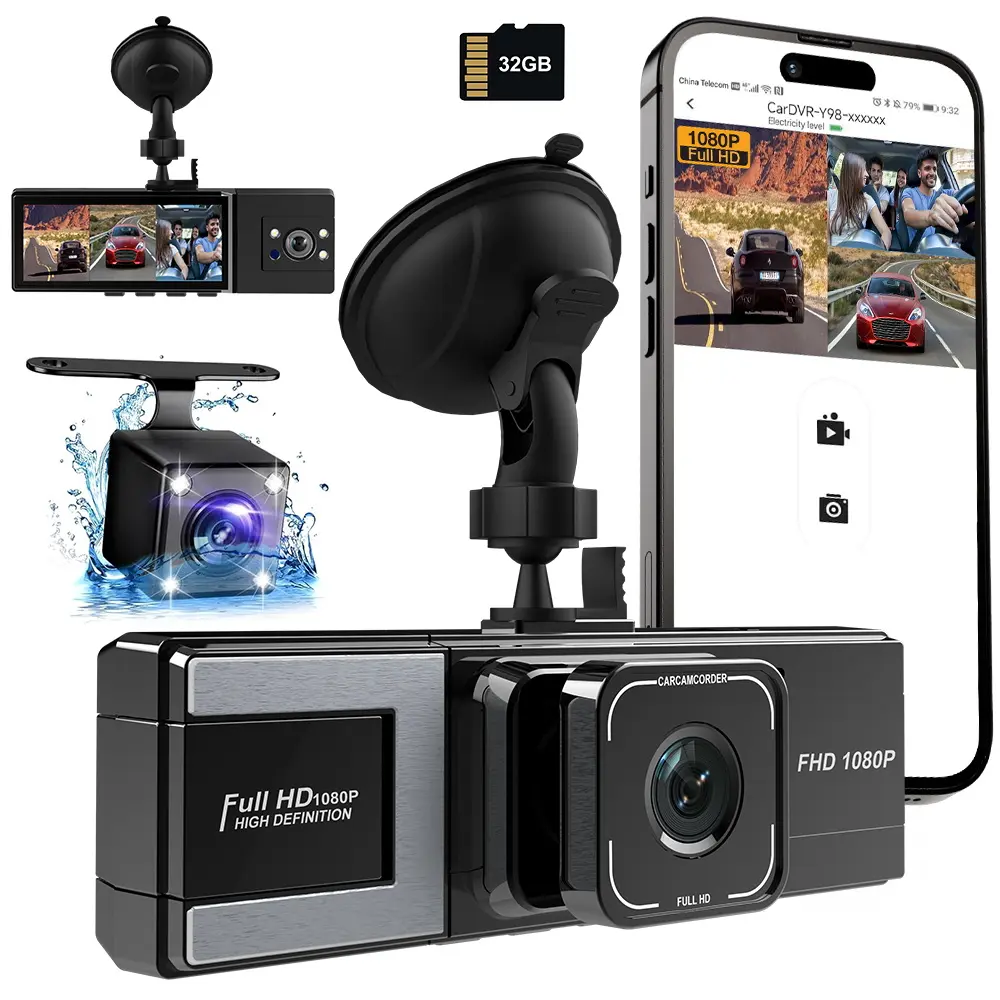 WHATOOK Wifi-1080P 3 Channel Dash Cam with 32GB Card, HDR, G-Sensor and 24Hr Parking - Car Camera