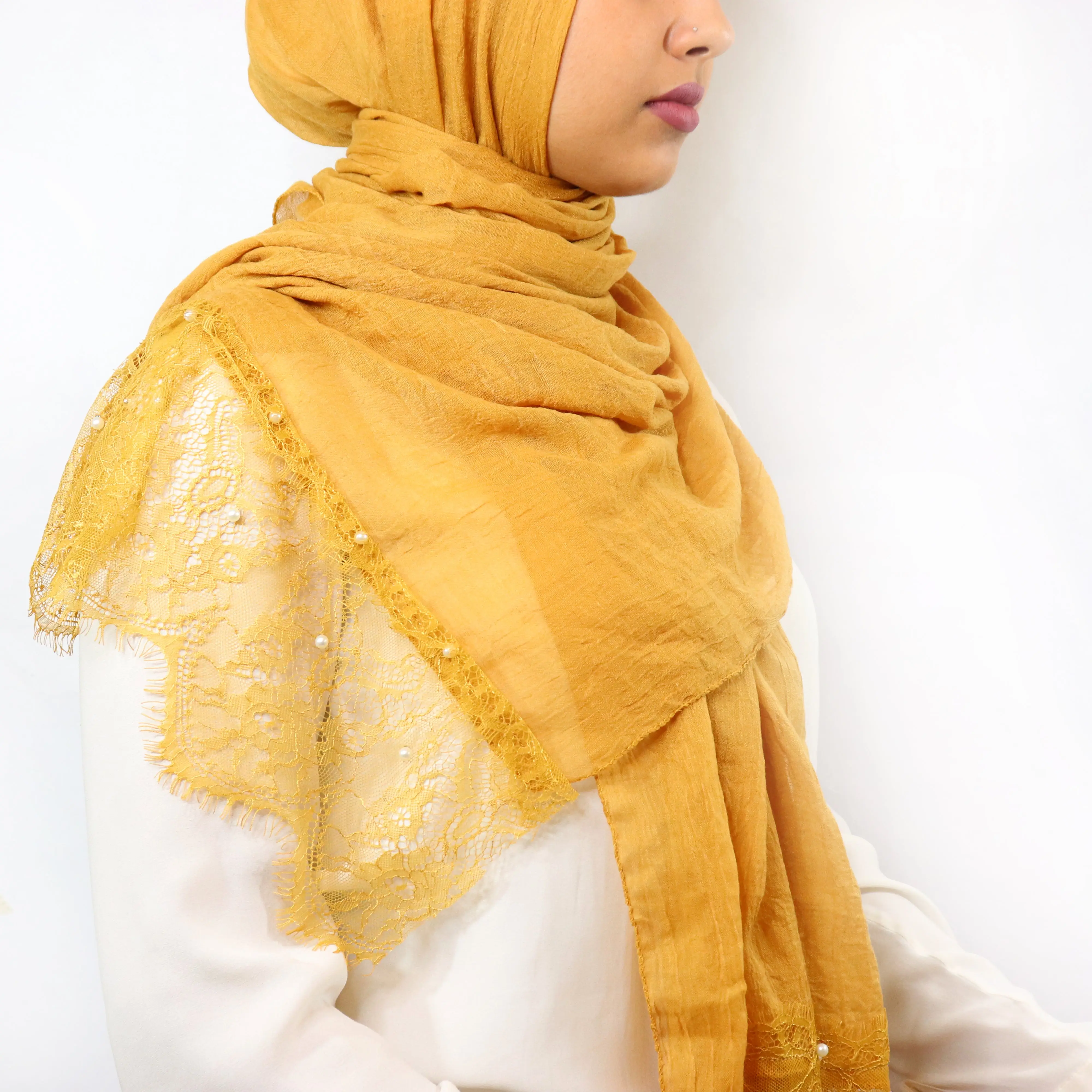Lace & Pearl Cotton Viscose Hijab - Mustard