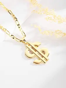 Fashionable Dollar Sign Pendant Necklace, Copper Plated 14k, Sparkling Currency Symbol Jewelry, Hip Hop Punk Street Style