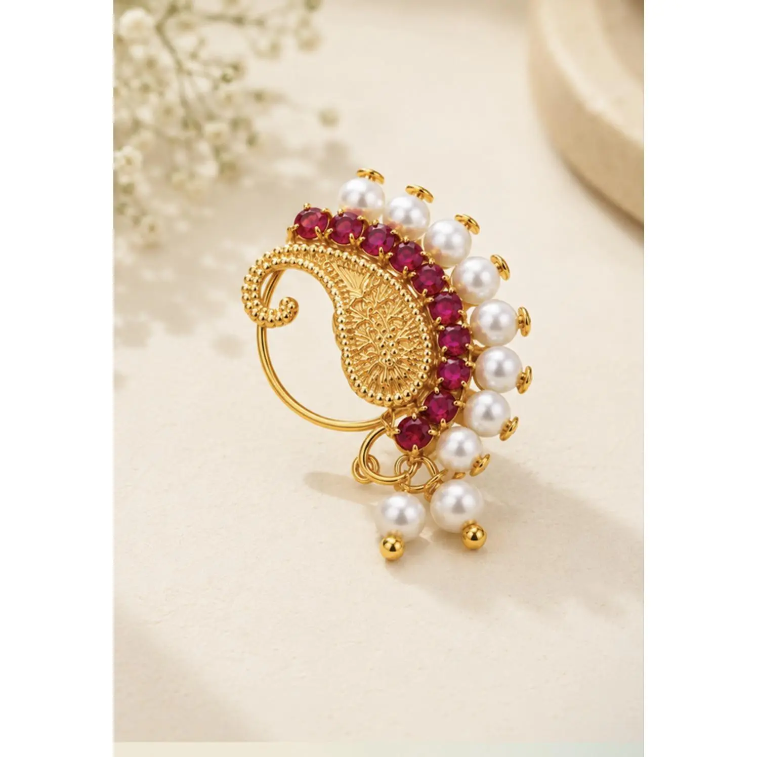 Ruby & Pearl Gold Nose Pin - Elegant Traditional Design with Ruby-Red Stones and Luminous Pearls for a Stunning Look