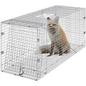 VEVOR Live Animal Cage Trap, 42x 16x 18 Humane Cat Trap Galvanized Iron, Folding Animal Trap with Handle for Stray Dogs, Armadillos, Raccoons, Marmots, Foxes